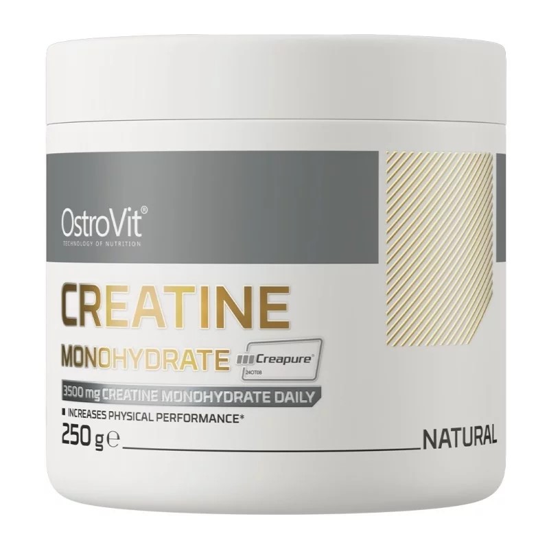 OstroVit Creatine Monohydrate Creapure 250g natural unflavoured creatine supplement for increased physical performance, in a white and grey container.