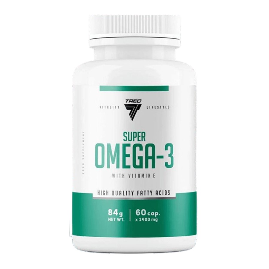 Trec Super Omega-3 high quality fatty acids supplement with vitamin E, 60 capsules, 84g net weight, white and green bottle.