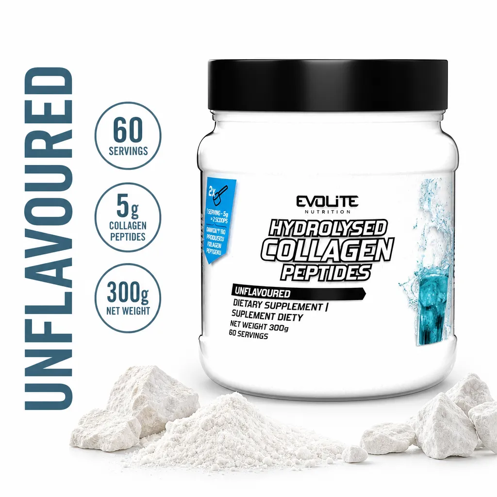 Evolite Nutrition Evolite Collagen 300g unflavoured hydrolysed collagen peptides powder in a white tub, 60 servings