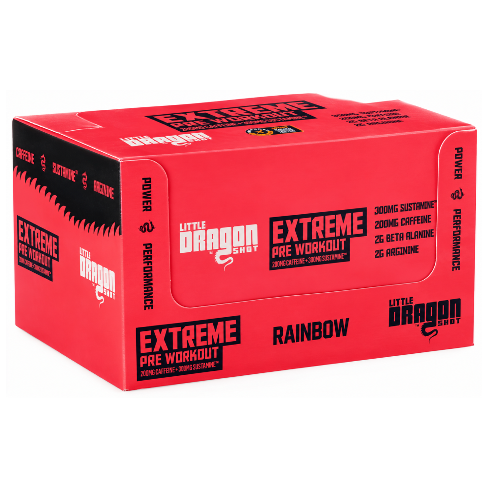 Little Dragon Extreme Pre Workout Shot Rainbow, a pre-workout supplement shot with 200mg caffeine, 300mg Sustamine, 2g beta alanine, and 2g arginine, in a red box packaging.