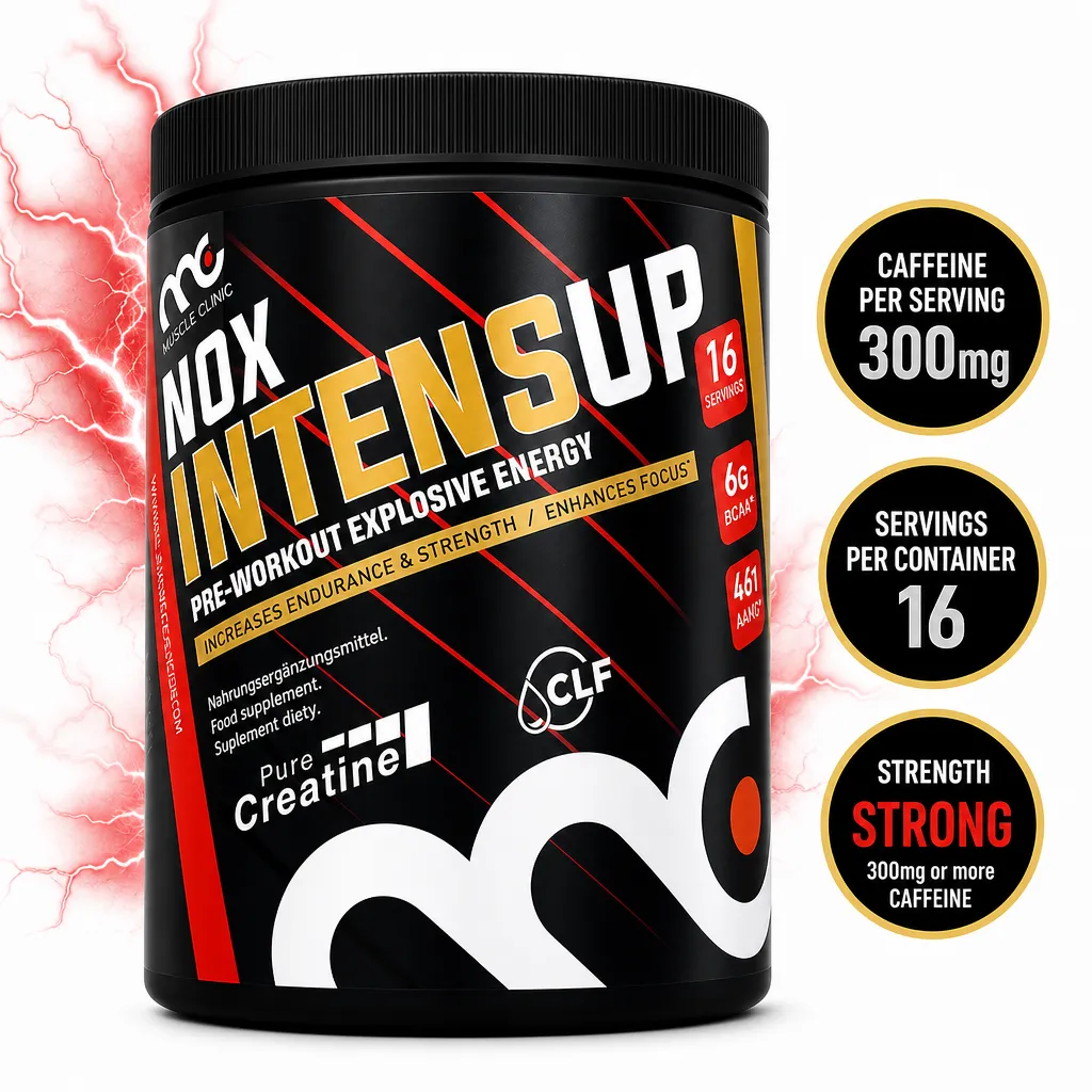 Muscle Clinic NOX IntenseUp 640g cherry pre-workout supplement powder in a black tub with red and gold detailing