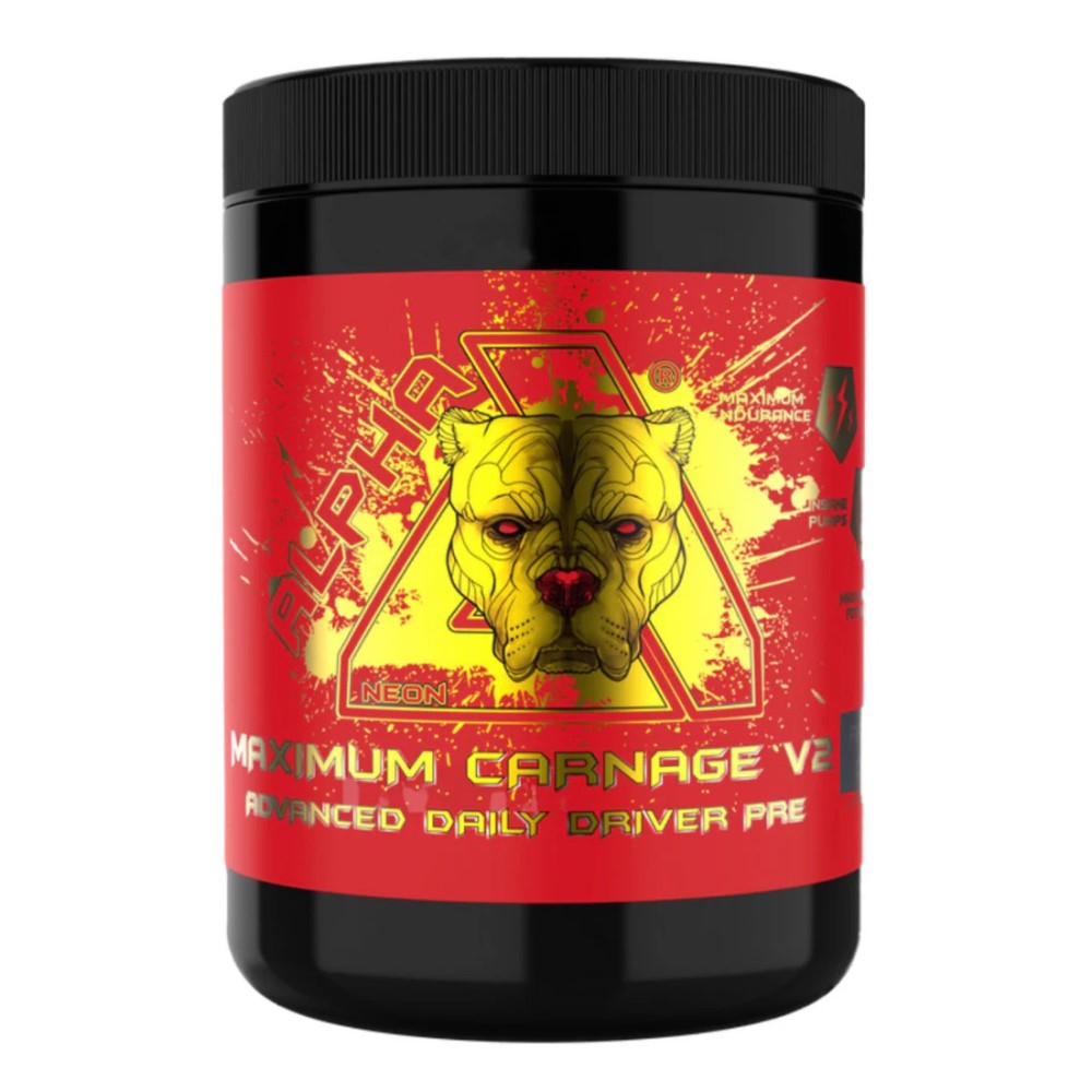 Alpha Neon Maximum Carnage V2 advanced daily driver pre-workout supplement in a 450g black and red container, featuring a bold dog graphic and intense design.