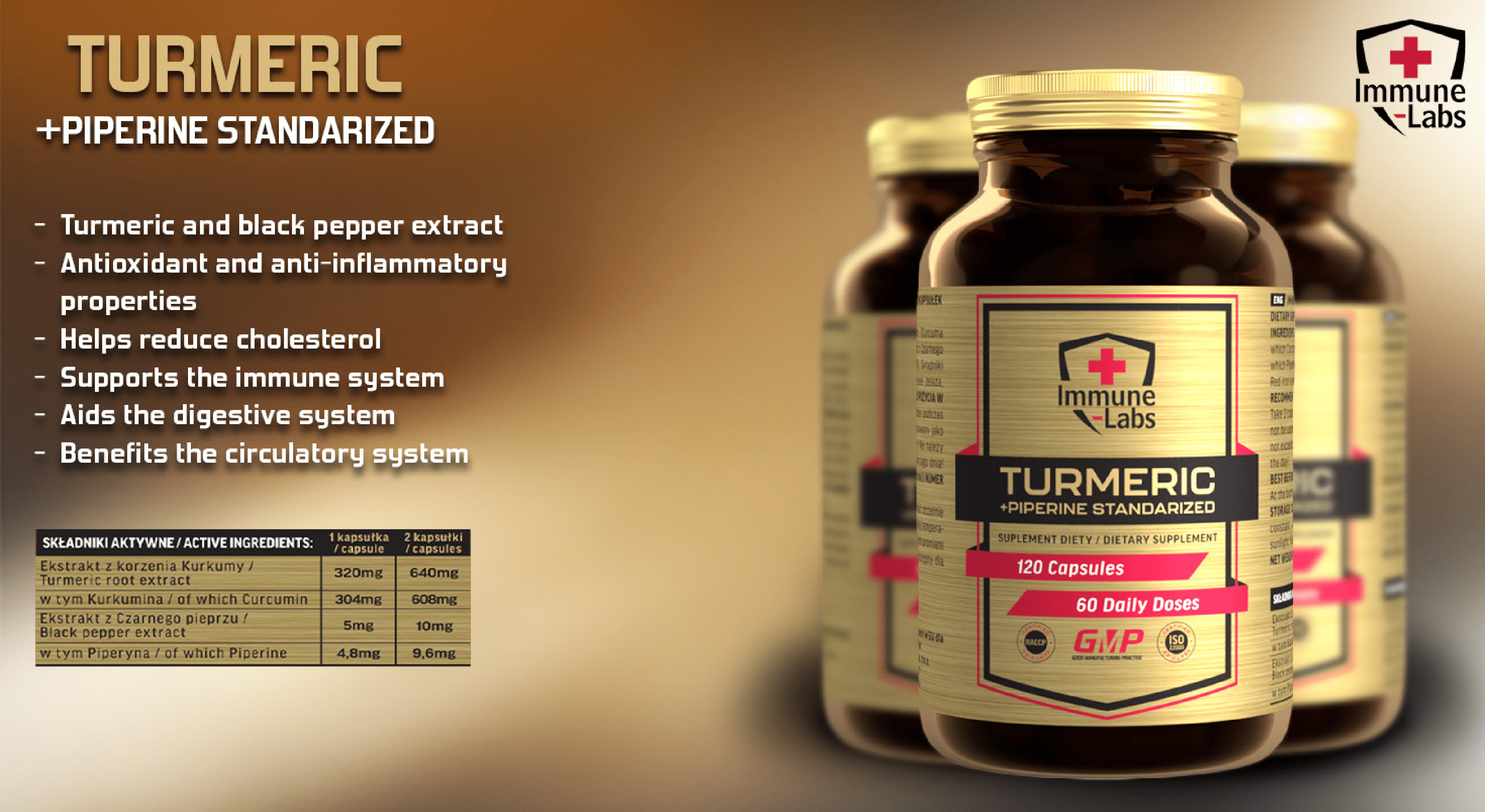 Immune Labs Turmeric + Piperine Standardized supplement, 120 capsules, featuring turmeric and black pepper extract for antioxidant and immune support, in a gold and brown bottle.
