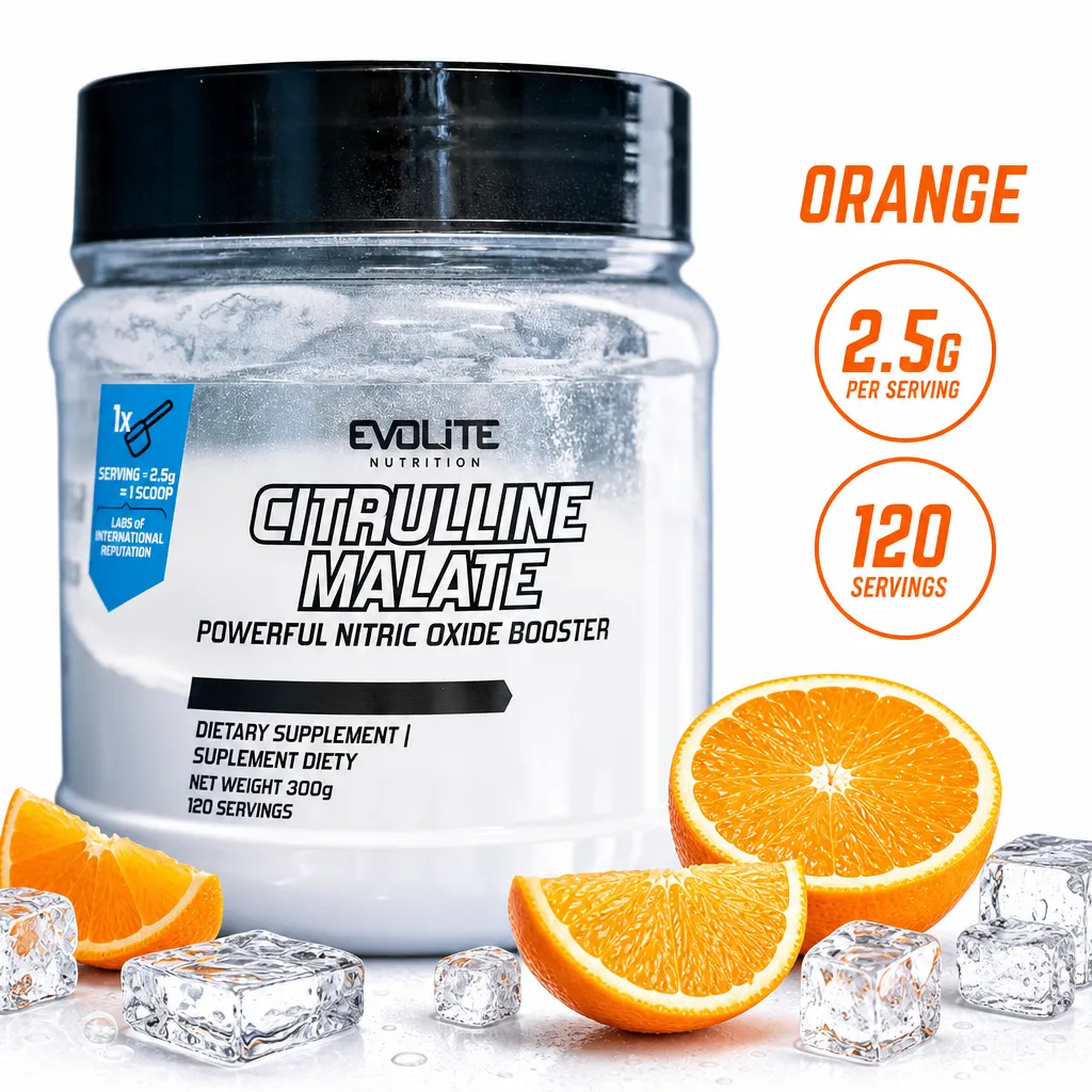 Evolite Nutrition Citrulline Malate orange-flavour powder supplement, 300g tub with 120 servings at 2.5g each.