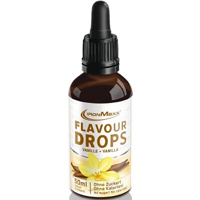 IronMaxx Flavour Drops vanilla flavour 50ml liquid sweetener with no sugar and no calories, in a brown dropper bottle with a vanilla flower illustration.