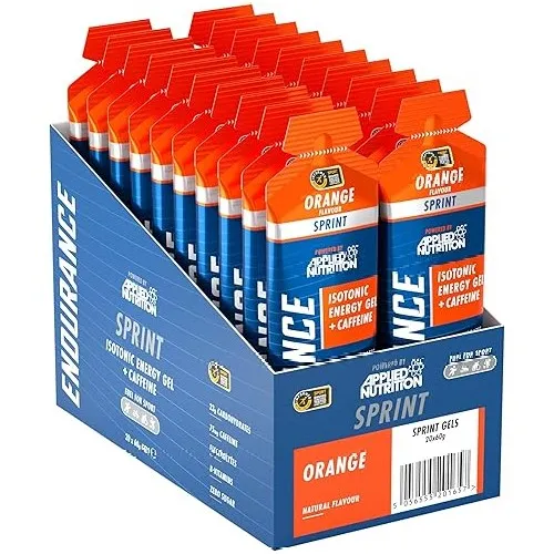 Applied Nutrition Sprint Orange Isotonic Energy Gel with caffeine, natural orange flavour, displayed in a blue and orange box, designed for endurance and energy support.