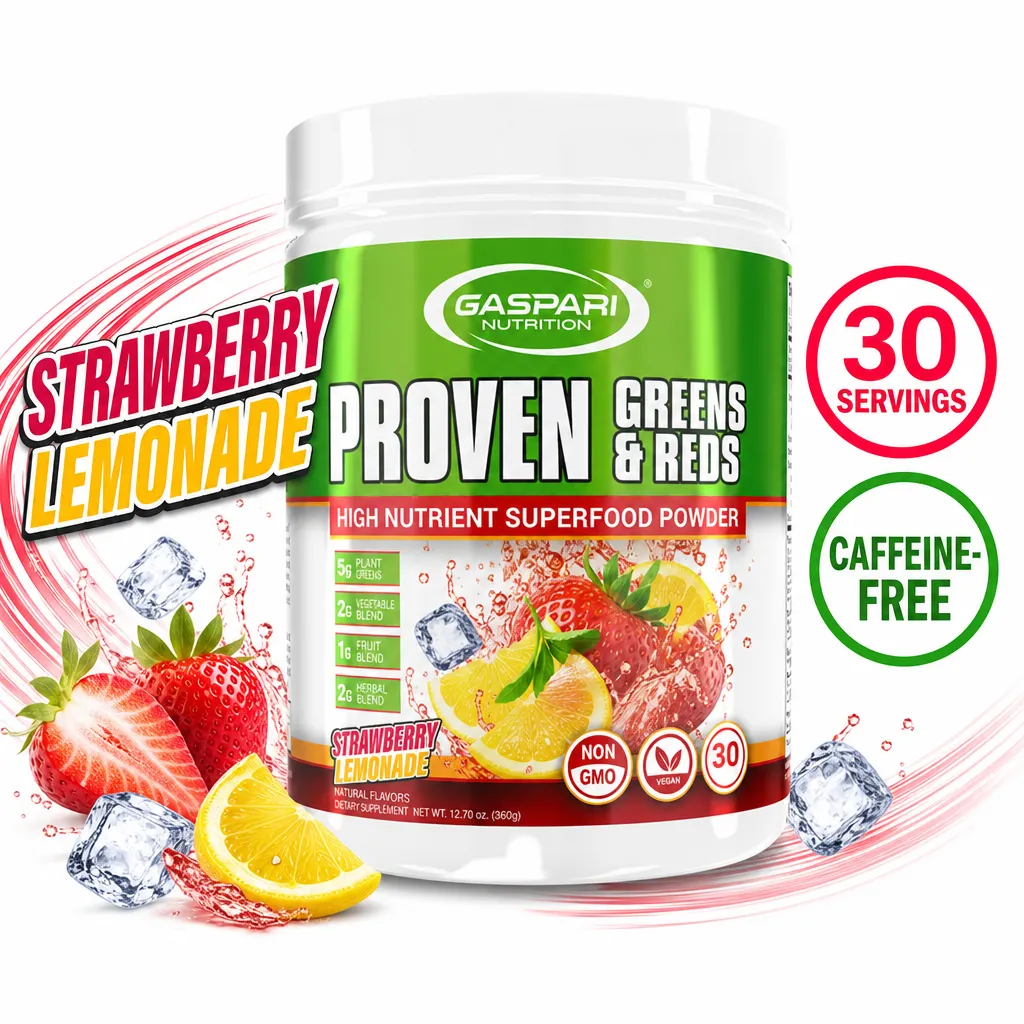 Gaspari Nutrition Proven Greens & Reds superfood powder, 360g, strawberry lemonade flavour with greens and antioxidant reds blend