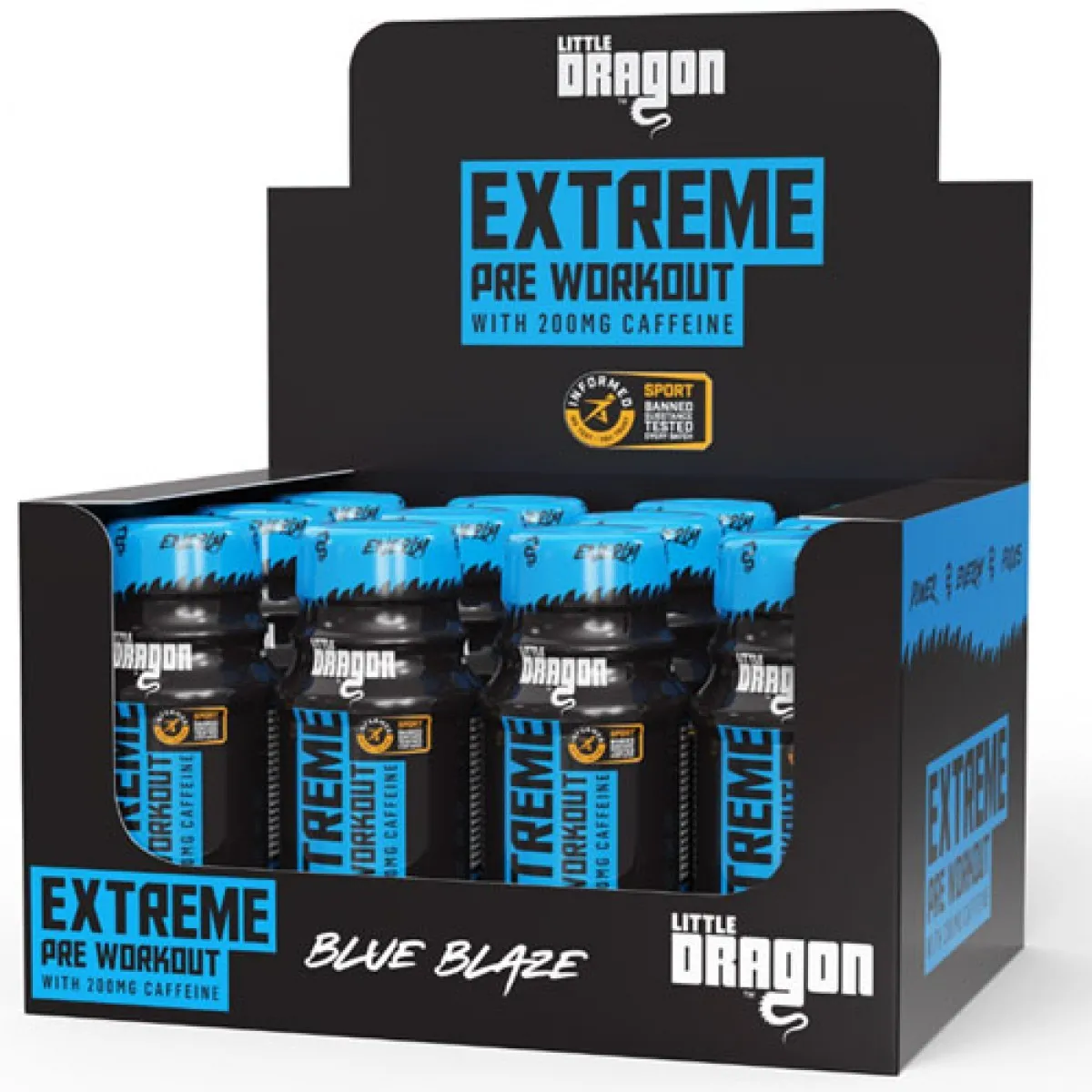 Little Dragon Extreme Pre Workout Shot Blue Blaze 60ml x12 pack, high-caffeine pre-workout supplement for energy, focus, and endurance, sugar-free.