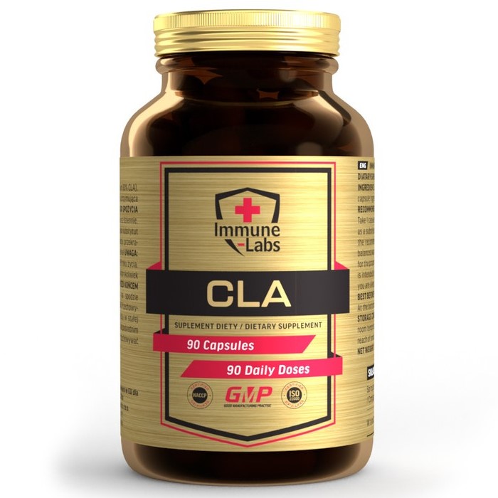 Immune Labs CLA dietary supplement, 90 capsules, designed for daily use, in a brown bottle with a gold label and cap, suitable for supporting fitness and wellness routines.