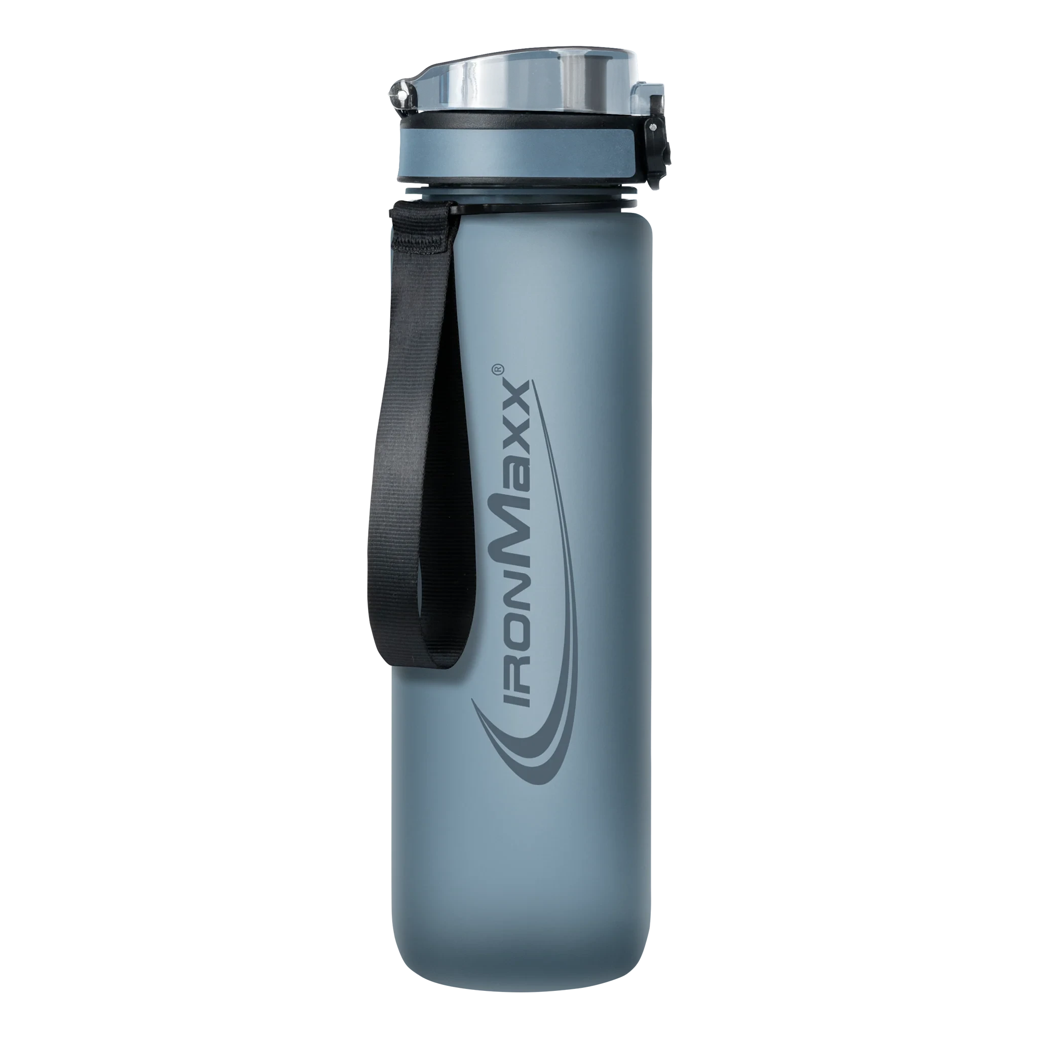 IronMaxx Sport Water Bottle 1000ml, a large BPA-free plastic bottle in matte grey with a black carrying strap and secure screw top, ideal for hydration during workouts.