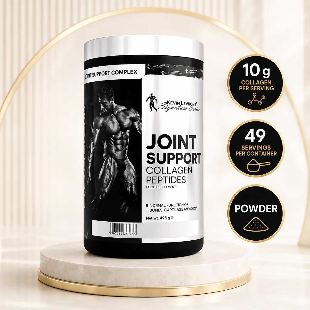 Kevin Levrone Joint Support Collagen Peptides 495g powder supplement in a black and white tub