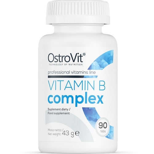 OstroVit Vitamin B Complex 90 tabs food supplement, professional vitamins line, white bottle with blue accents, 43g net weight.
