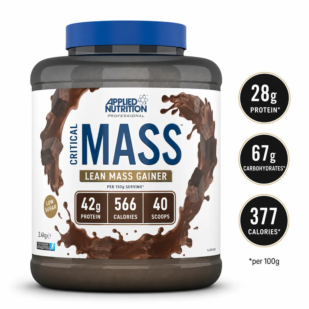Applied Nutrition Critical Mass Professional 2400g chocolate mass gainer powder in a large tub, with 42g protein and 566 calories per serving.