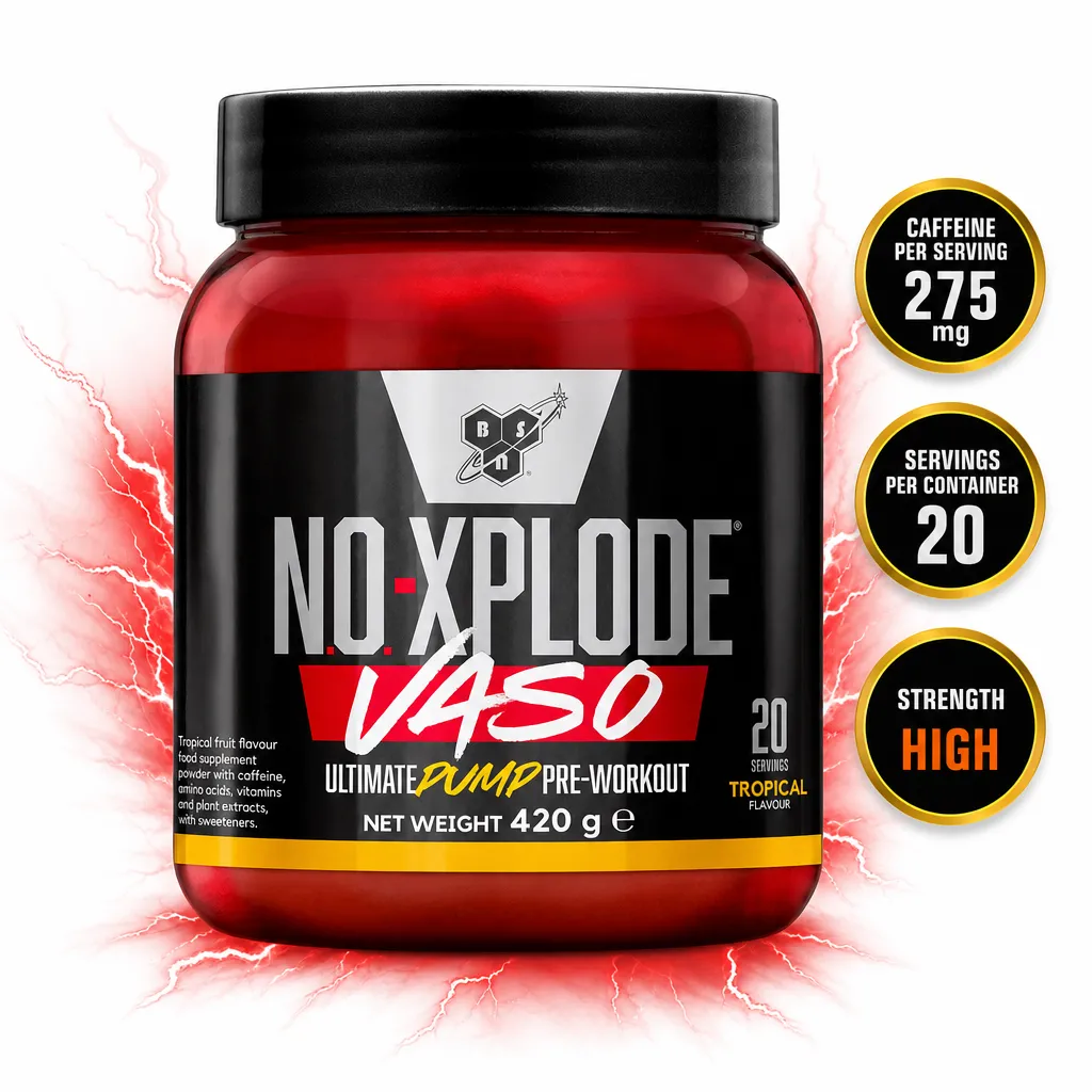 BSN NO Xplode Vaso 420g tropical fruit flavoured pre-workout powder supplement in a red and black tub