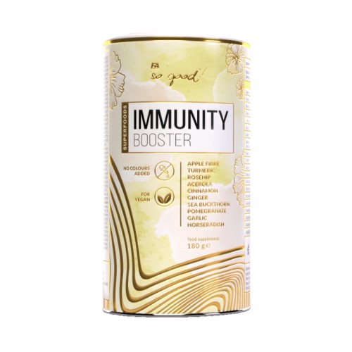 FA So Good! Immunity Booster 180g dietary supplement with apple fibre, turmeric, rosehip, acerola, cinnamon, ginger, sea buckthorn, pomegranate, garlic, and horseradish, suitable for vegans.