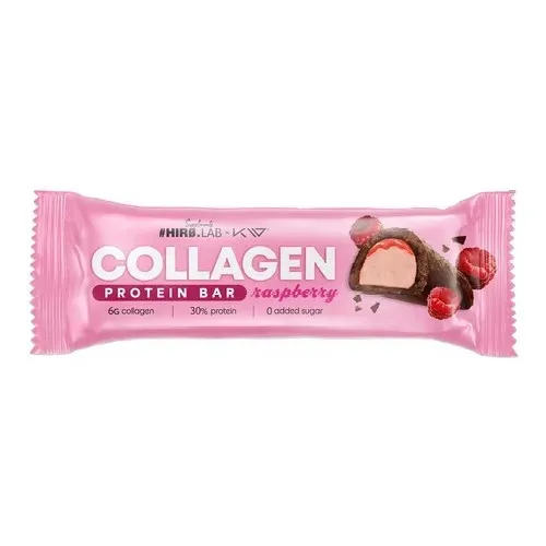HIRO.LAB Collagen Protein Bar with raspberry flavour, 6g collagen and 30% protein in a pink bar wrapper