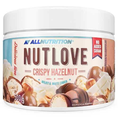 Allnutrition Nutlove Crispy Hazelnut 500g spread with milky and white chocolate, no added sugar, in a white tub with images of hazelnuts and chocolate pieces on the label.