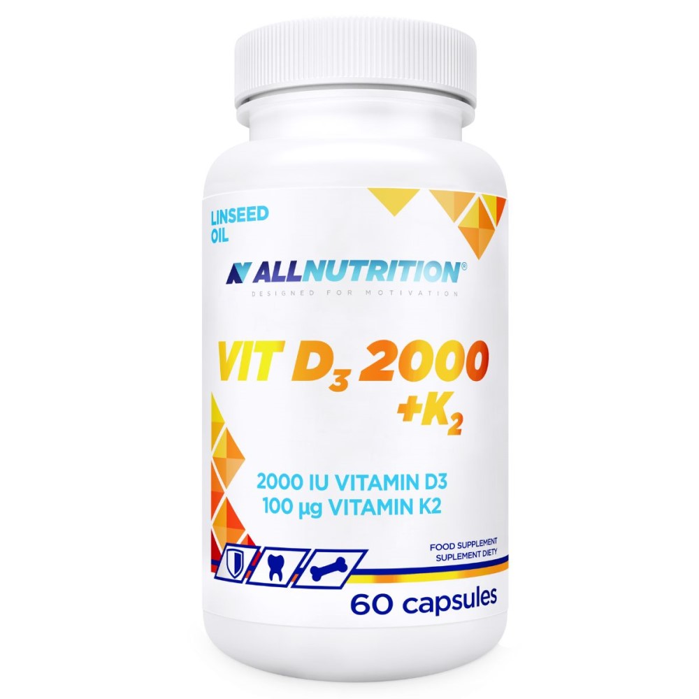 Allnutrition Vit D3 2000 + K2 Linseed Oil 60 capsules, a dietary supplement containing 2000 IU vitamin D3 and 100 µg vitamin K2, in a white bottle with orange and blue accents.