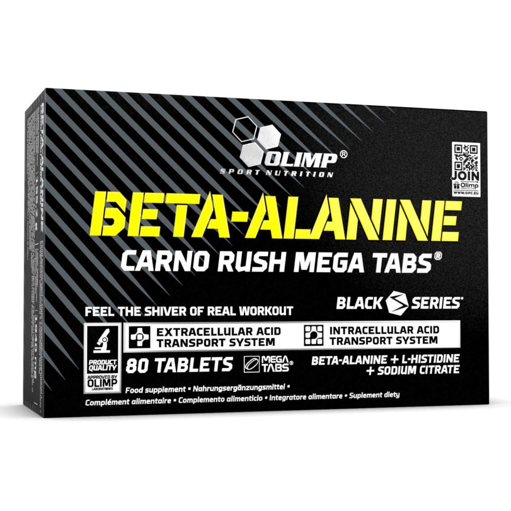 Olimp Beta Alanine Carno Rush Mega Tabs 80 Tabs bottle, white container with blue and yellow accents, Olimp Nutrition branding