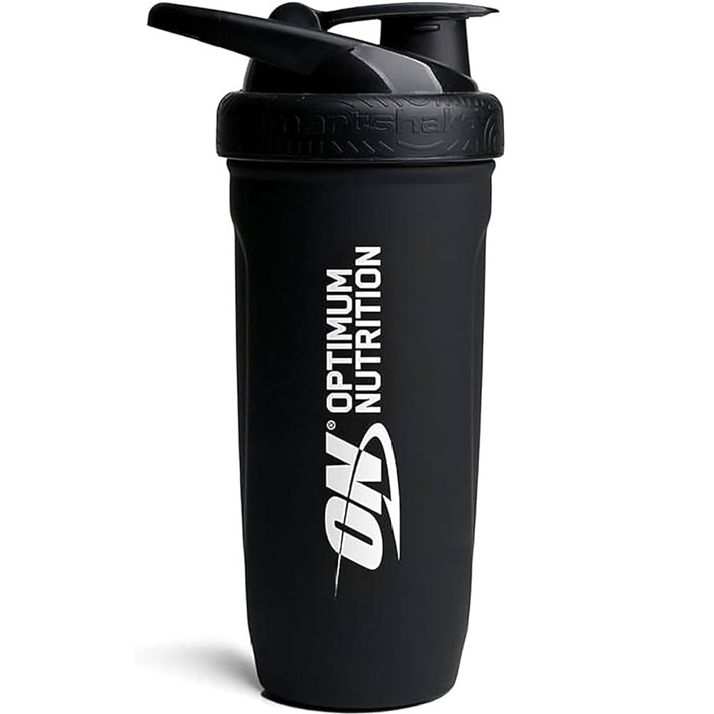 Optimum Nutrition Smartshake Reforce Steel Shaker 900ml, a black stainless steel protein shaker bottle with a secure flip lid, designed for mixing supplements and drinks.