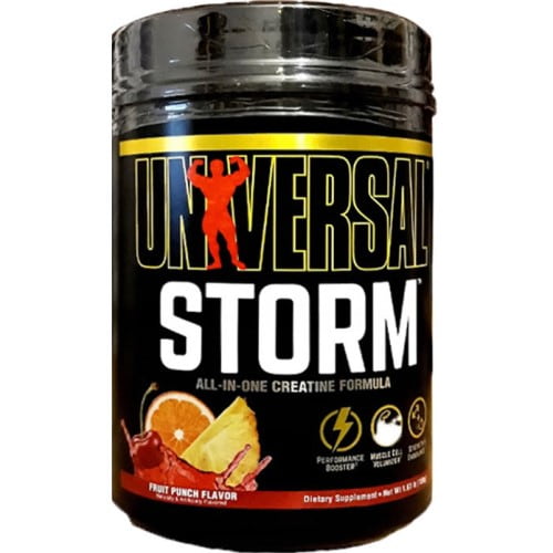 Universal Nutrition Storm all-in-one creatine formula, fruit punch flavor, black container with yellow and red accents, 80 servings supplement.