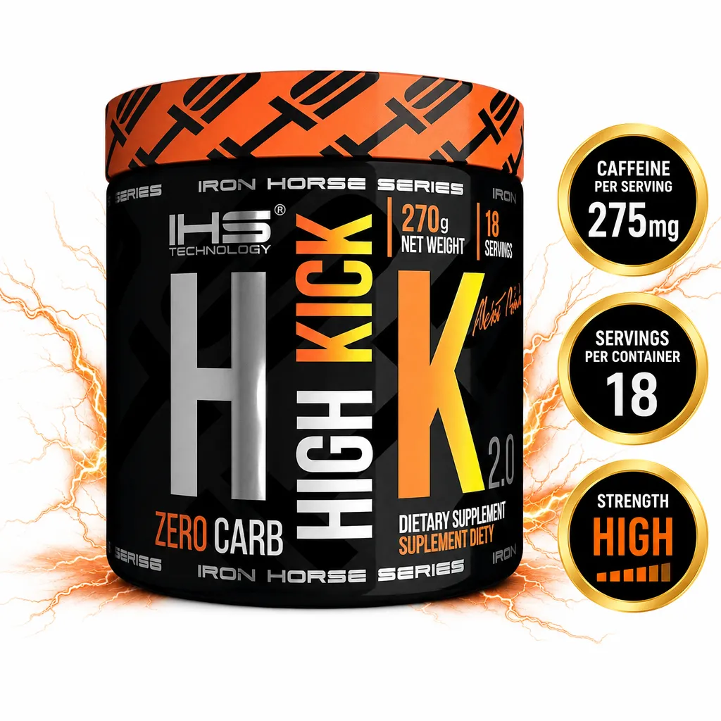 Iron Horse High Kick 2.0 270g pre-workout supplement in a black and orange tub with 18 servings