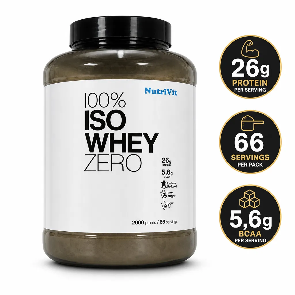 NutriVit 100% Iso Whey Zero 2000g whey protein isolate powder in a large tub, with 26g protein per serving and 66 servings