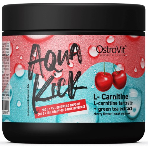 OstroVit Aqua Kick L-Carnitine 300g cherry flavour supplement with L-carnitine tartrate and green tea extract, in a black tub with a blue and red label.