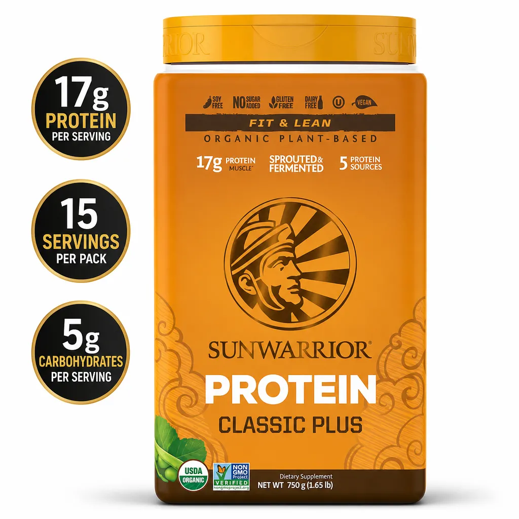 Sunwarrior Protein Classic Plus Organic 750g plant-based protein powder in an orange tub with 17g protein per serving