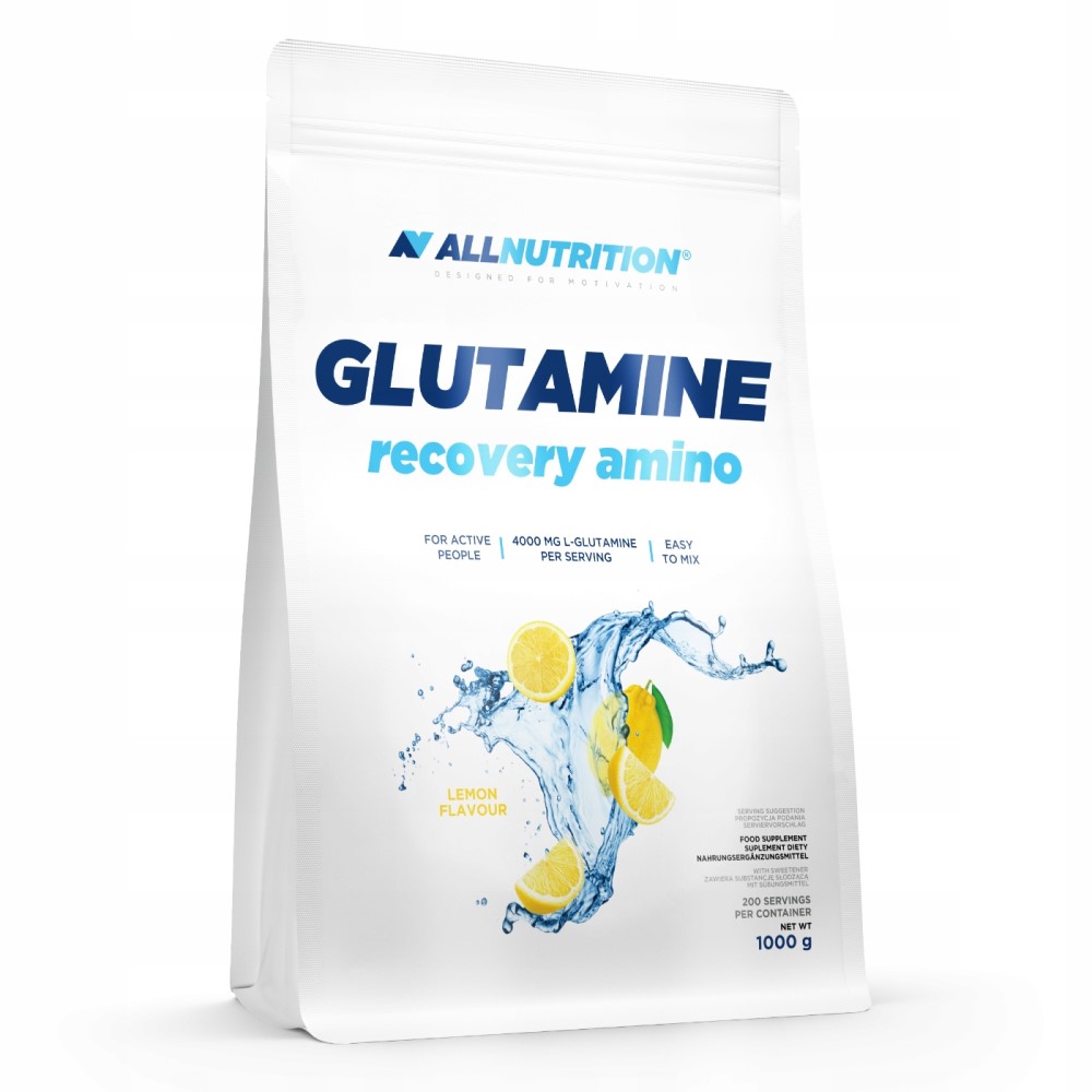 Allnutrition Glutamine Recovery Amino 1000g lemon flavour supplement for active people, featuring 4000mg L-glutamine per serving, easy to mix, in a white pouch with lemon and water splash graphics.
