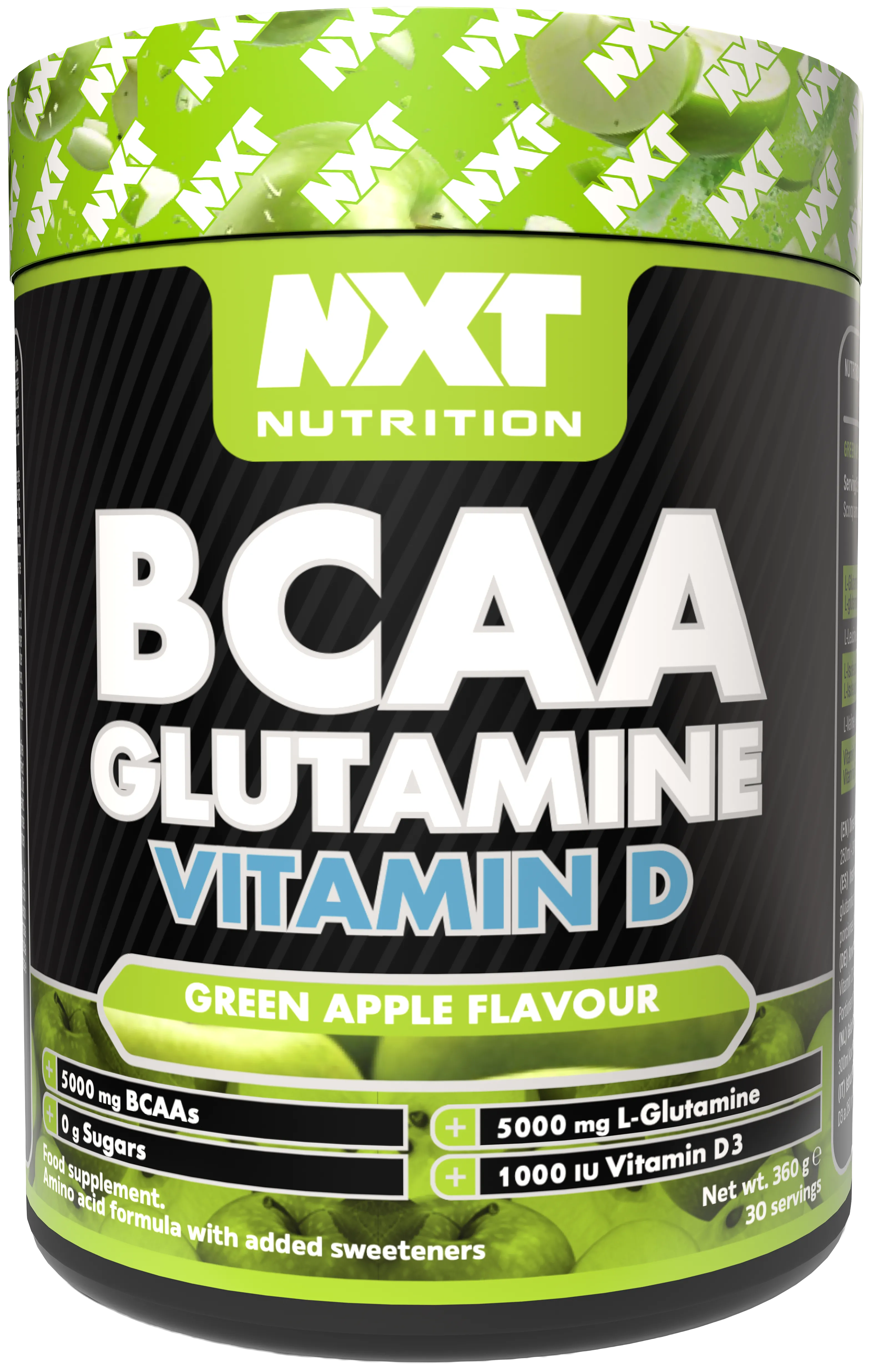 NXT Nutrition BCAA Glutamine Vitamin D green apple amino acid supplement, 360g powder with added sweeteners