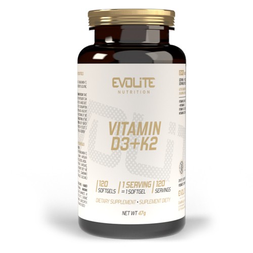 Evolite Vitamin D3+K2 dietary supplement, 120 softgels, combining vitamin D3 and K2 for bone and immune support, in a brown bottle with gold and white label.