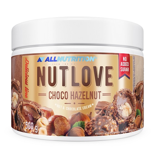Allnutrition Nutlove Choco Hazelnut 500g sweet chocolate cream with hazelnuts, no added sugar, in a white tub with gold and brown label.