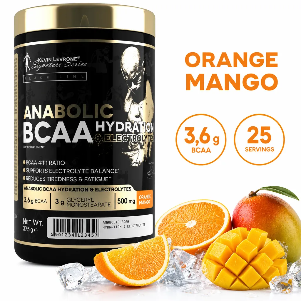 Kevin Levrone Anabolic BCAA Hydration & Electrolytes orange mango powder, 375g, in a black and gold tub with 25 servings.