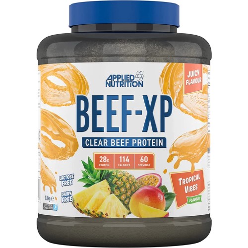 Applied Nutrition Beef-XP Clear Beef Protein powder in Tropical Vibes flavour, 1800g tub, lactose free and dairy free, with 28g protein per serving.