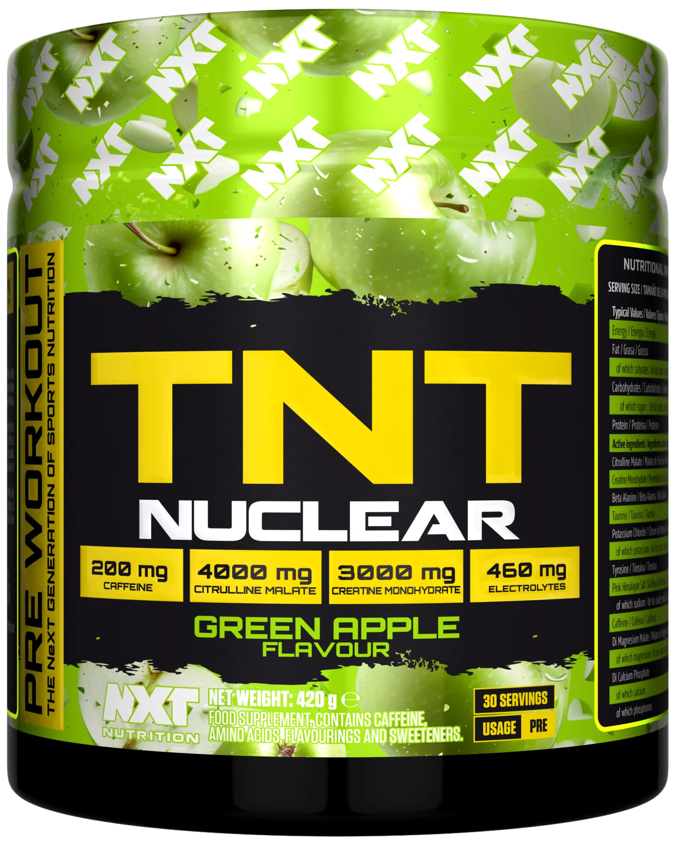 NXT Nutrition TNT Nuclear 420g container with product label, showing supplement facts and branding.
