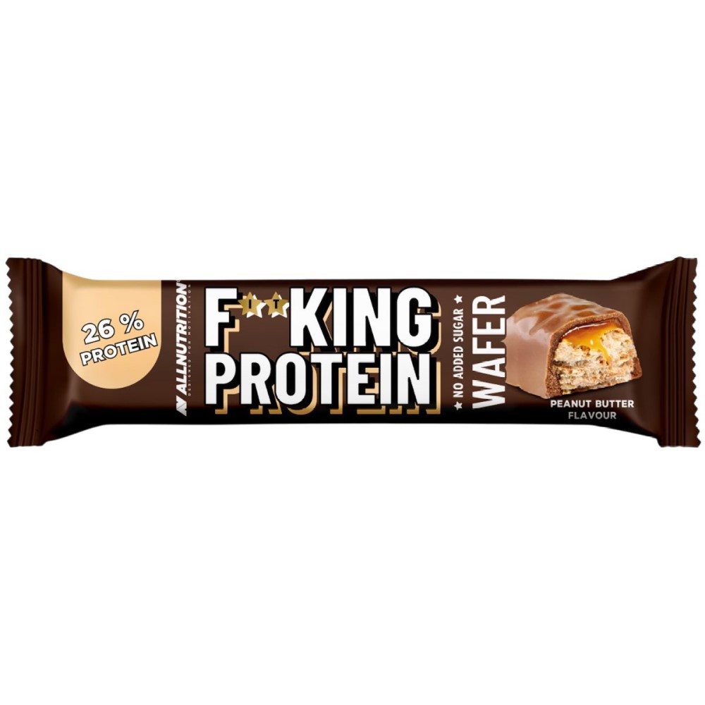 Allnutrition Fitking Protein Wafer peanut butter flavour, a high-protein chocolate-coated wafer bar with 26% protein and no added sugar, in brown packaging.