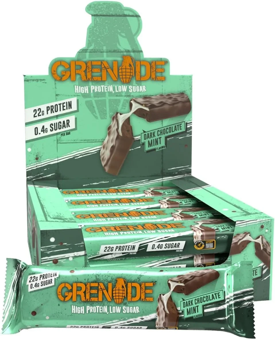 Grenade Carb Killa Bar Dark Chocolate Mint 60g x12, high protein, low sugar snack bars in a mint green box, each bar offering 22g protein and 0.4g sugar.