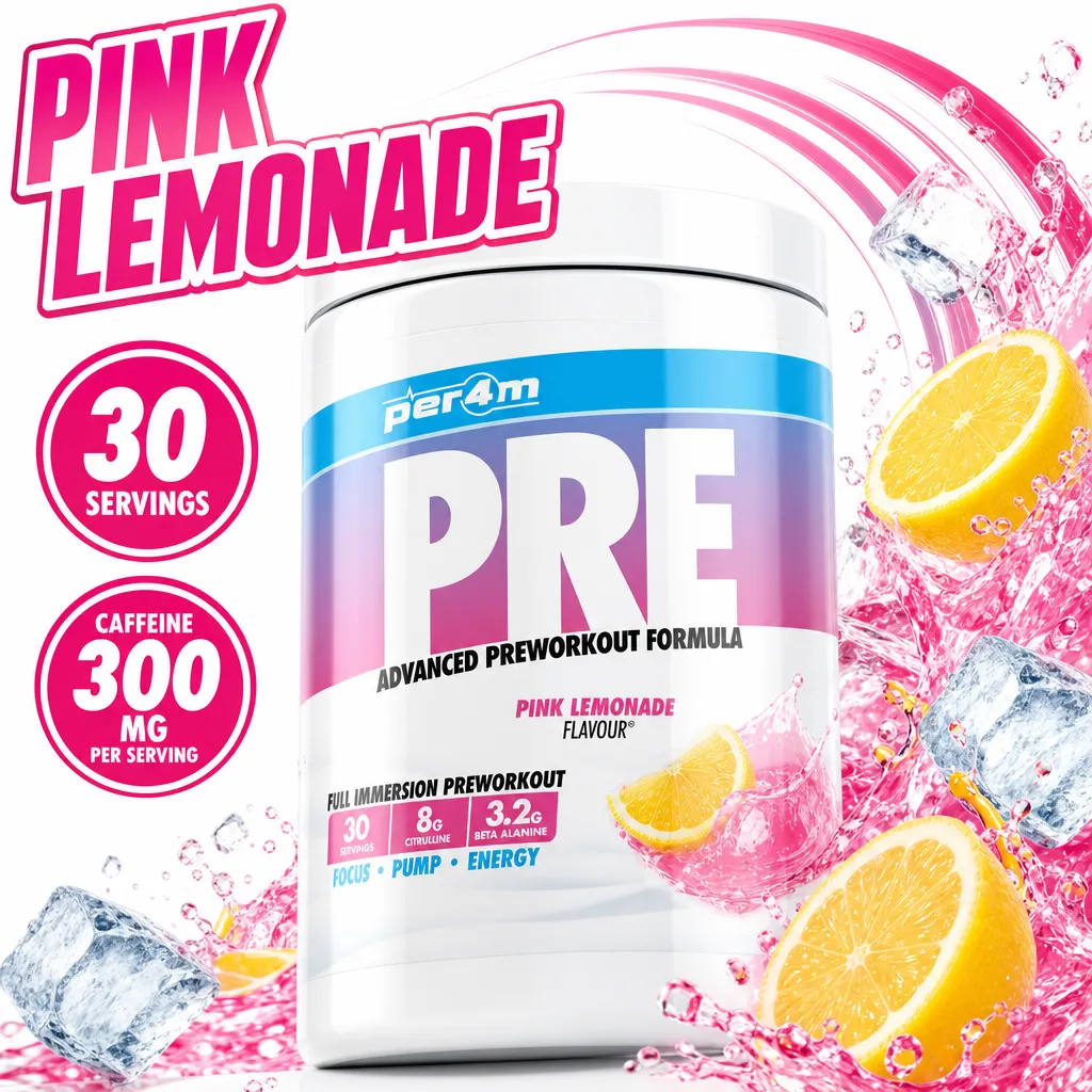 Per4m Pre Workout pink lemonade flavour powder, 30 servings with 300 mg caffeine per serving in a white tub.