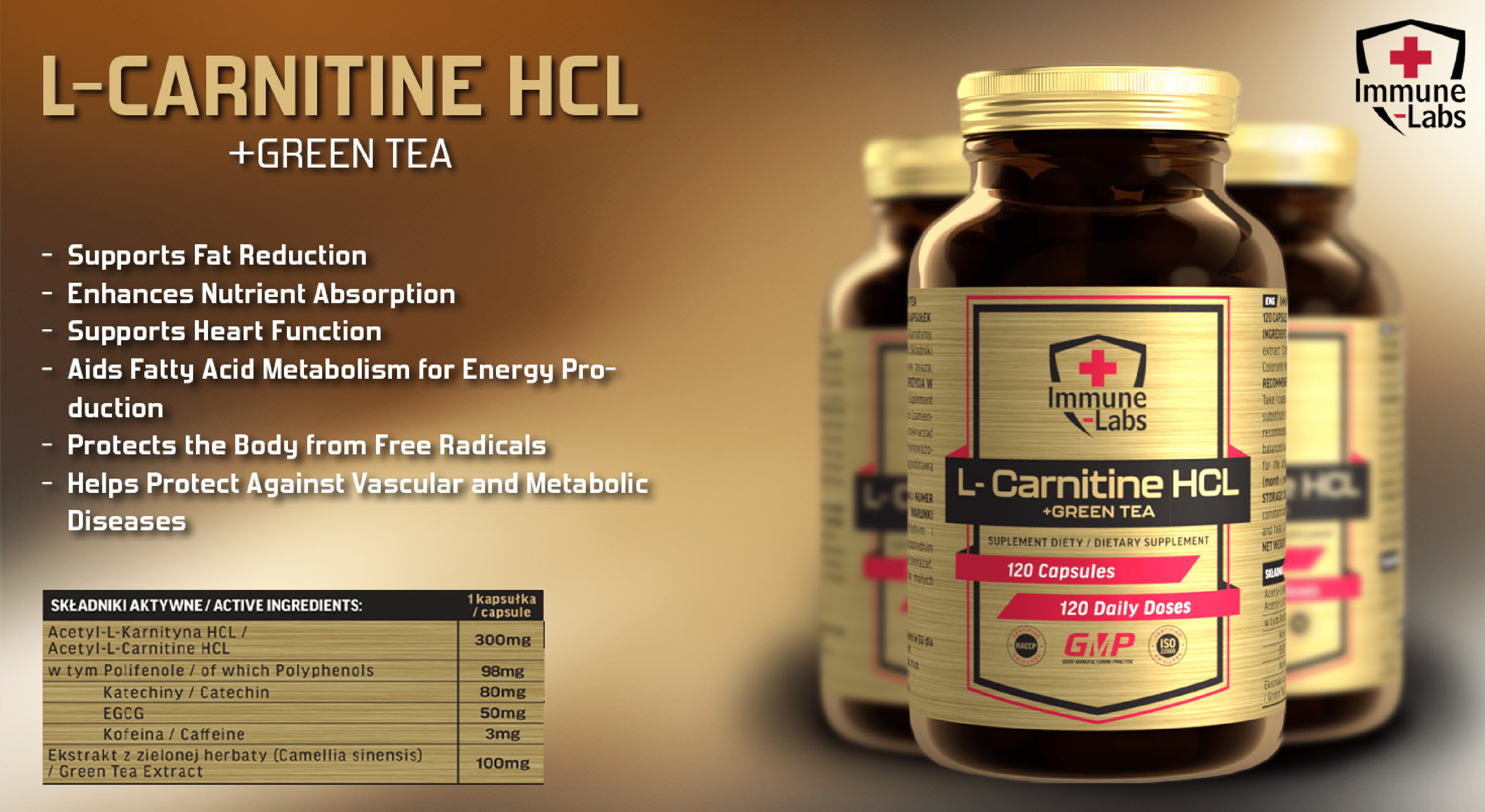 Immune Labs L-Carnitine HCL + Green Tea dietary supplement, 120 capsules, featuring acetyl-L-carnitine and green tea extract for metabolism and antioxidant support, in a gold and brown bottle.
