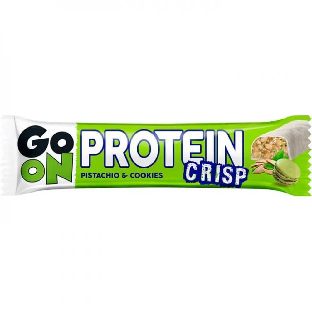 Go On Crisp Protein Bar in Pistachio & Cookies flavour, a green 45g crunchy protein snack bar