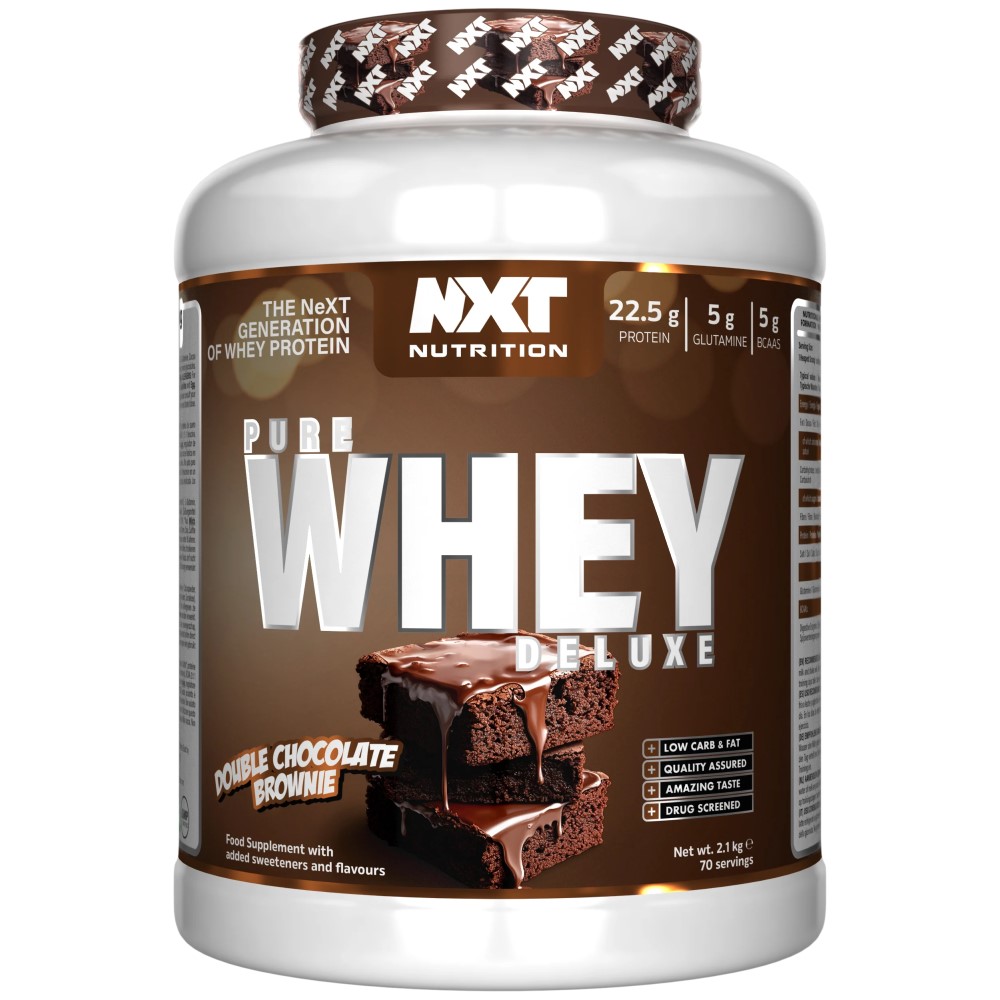 NXT Nutrition Pure Whey Deluxe Double Chocolate Brownie 2.1kg whey protein supplement with 22.5g protein per serving, featuring a chocolate brownie flavour and brown packaging.