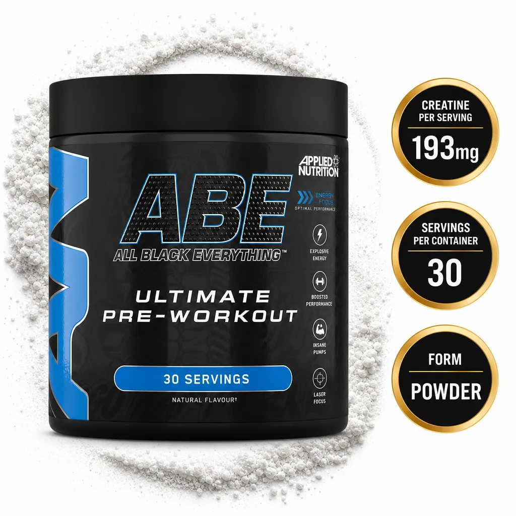 Applied Nutrition ABE Ultimate Pre-Workout powder, 30 servings, natural flavour, in a black and blue tub