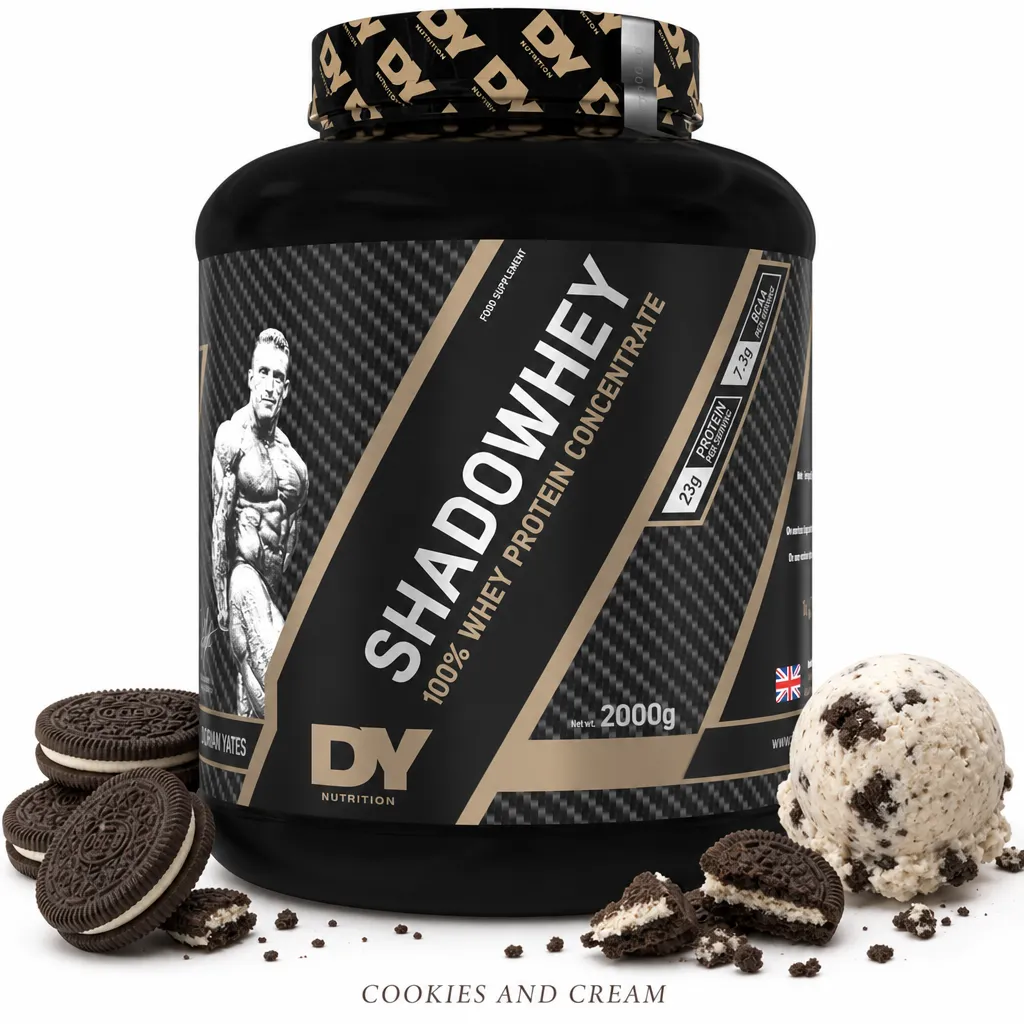 Dorian Yates Shadowhey 2000g whey protein powder, cookies and cream flavour, in a large black tub with gold accents, designed for muscle growth and recovery.