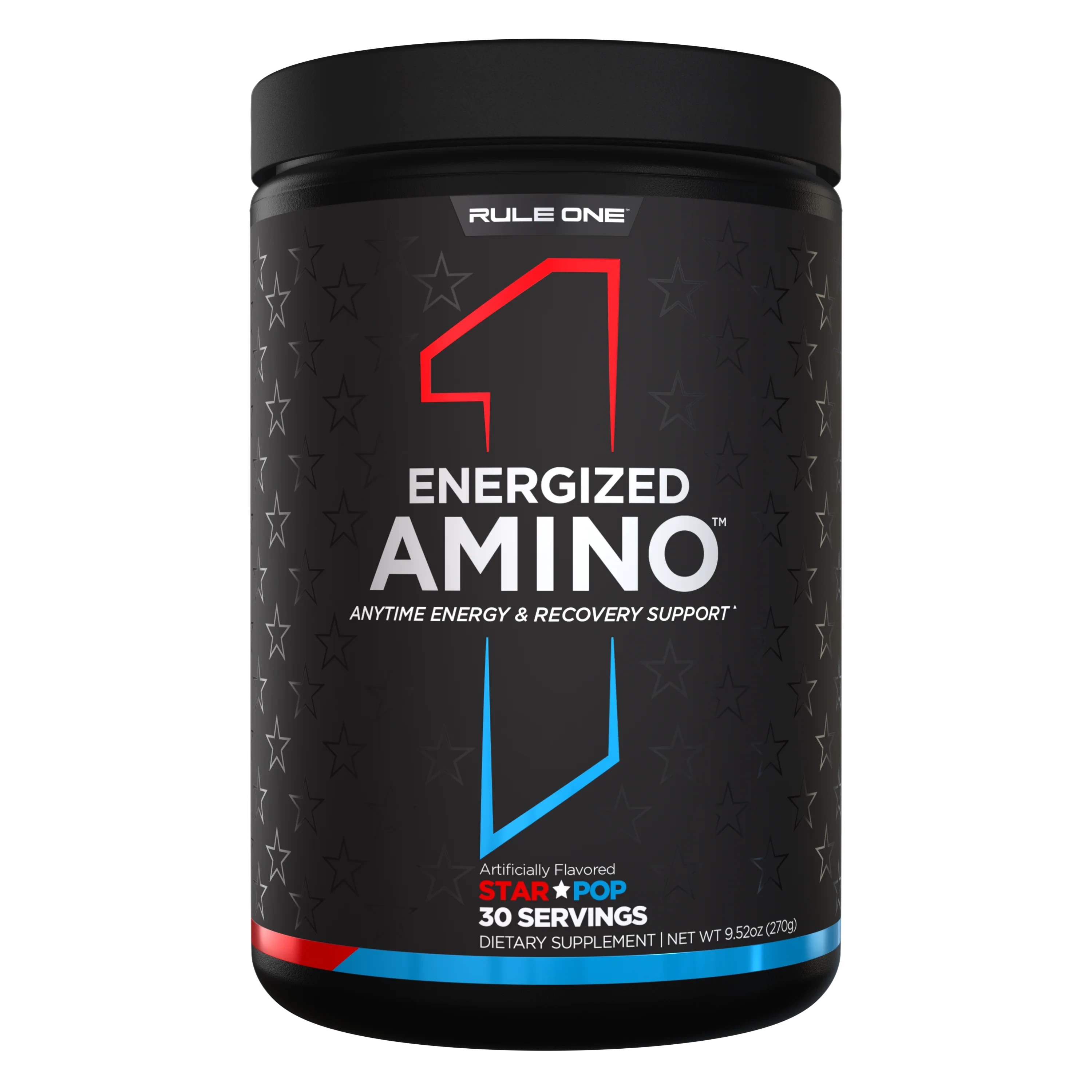 Rule One Energized Amino 270g powdered amino acid and energy supplement in Star Pop flavour, with 30 servings.