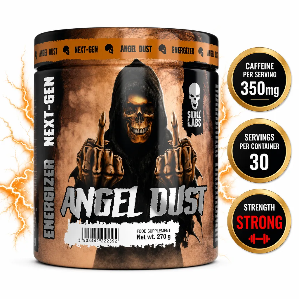 Skull Labs Angel Dust 270g pre-workout supplement powder in a brown and black tub with a skull design