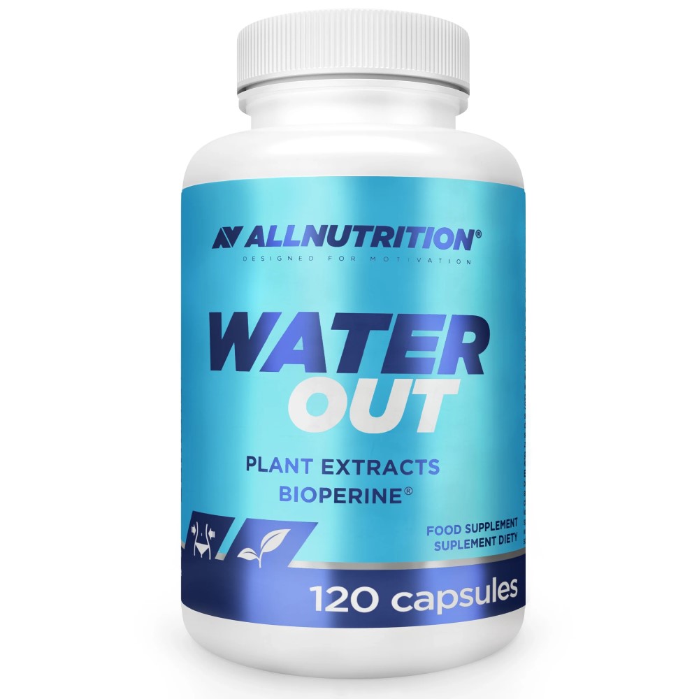 Allnutrition Water Out diuretic supplement with plant extracts and BioPerine, 120 capsules, in a blue and white bottle.