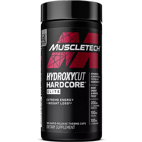 MuscleTech Hydroxycut Hardcore Elite dietary supplement, 100 rapid-release thermo capsules for extreme energy and weight loss support, black and red bottle.