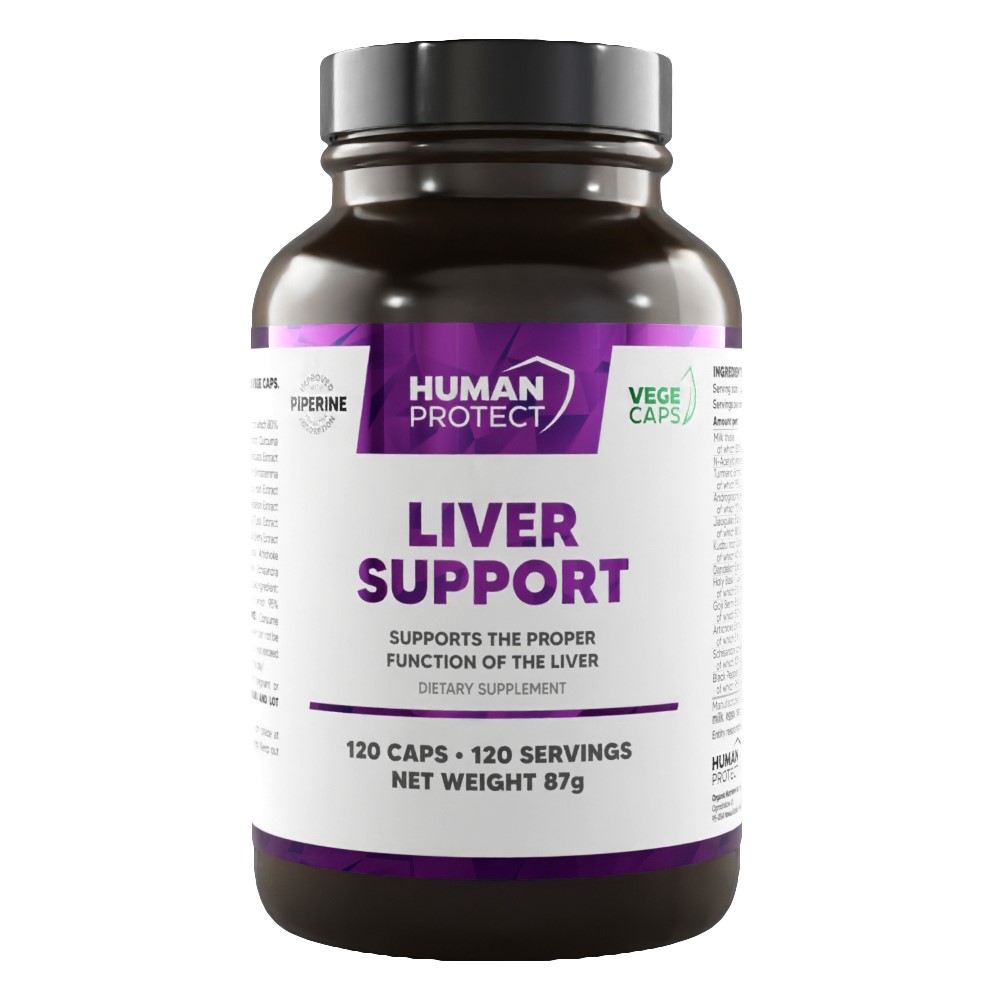 Human Protect Liver Support dietary supplement, 120 vege capsules, designed to support proper liver function, in a dark bottle with a purple and white label.