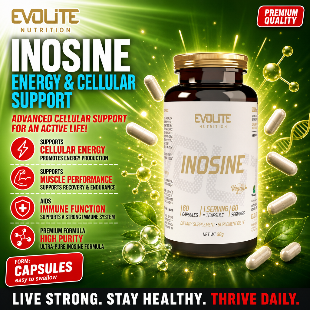 Evolite Inosine vegan dietary supplement, 60 capsules, for energy and cellular support, shown in a brown bottle with gold cap and green background highlighting its benefits.